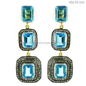 14k Gold Diamond Gemstone Blue Topaz Dangle Earrings for Women's