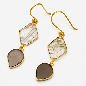 Golden Rutile Smoky Quartz Gemstone Fancy Shape <b>925</b> Sterling <b>Silver</b> Handmade Dangle <b>Earrings</b> - Product Image 1