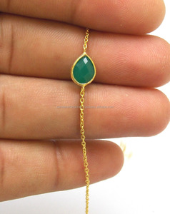 Handmade Gold Plated Sterling <b>Silver</b> <b>Bracelet</b> Green Onyx Multi-Gemstone with Pear Shape CZ Birthstone Natural <b>Charm</b> <b>for</b> Gift - Product Image 3