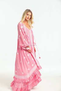 เดรสกิโมโนแขนบอลลูนผูกติดพู่เปิดด้านหน้าแต่งระบายฟรีขอบแบบหรูหรา - Product Image 2