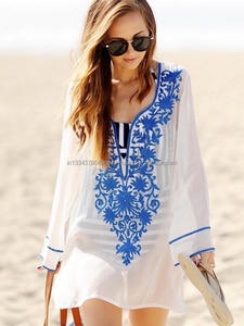 Última túnica informal elegante Bohemia para mujer bordado Floral Mini playa manga larga Sexy verano cintura Natural gran oferta de talla grande - Product Image 2