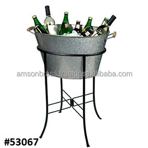 Ice Bucket With Stand <b>Galvanized</b> Wine Cooler <b>Tub</b> With Wooden Sided Handle - Product Image 1