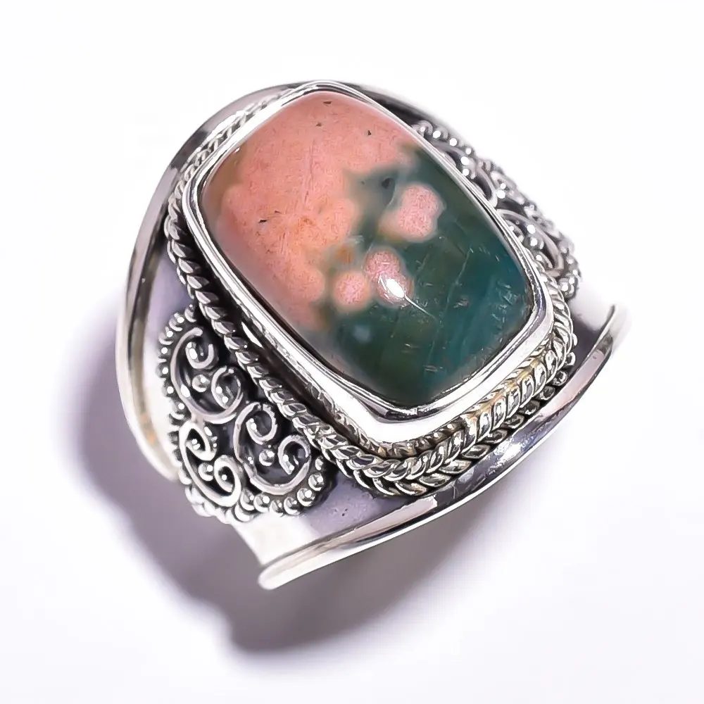 Designer Cushion Shape Ocean Jasper 925 Sterling Silver Ring、925 India Jewelry Manufacturer、Fresh Silver Jewelry