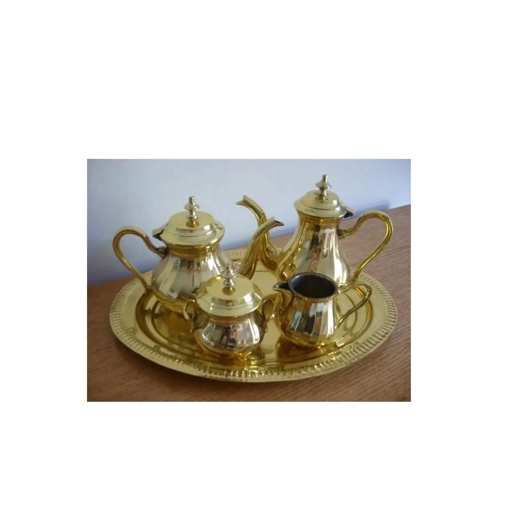 Potong Set teh kuningan padat buatan India logam padat dekorasi rumah pusat meja pakai Set teh buatan tangan desain baru