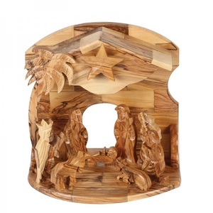 Grotte musicale en bois d'olivier d'extérieur avec des figurines de la Nativité de Noël détaillées, ensemble de crèche désigné pour les décorations d'extérieur - Product Image 1