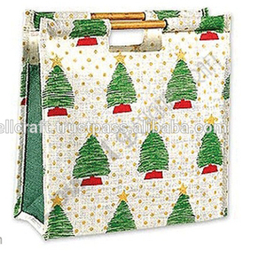 Geometric Pattern Christmas Tree Printed Jute Hand Length Handle <b>Medium</b> <b>Size</b> Shopping Gift <b>Bag</b> for Advertising - Product Image 1