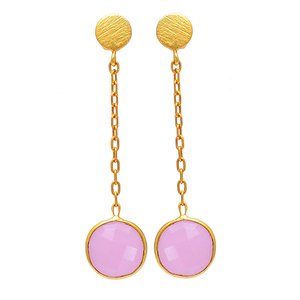 Pendientes de Plata de Ley 925 con Calcedonia Rosa Natural de Forma Redonda, Fabricante Mayorista de Joyería de Moda, Casa De Plata - Product Image 1