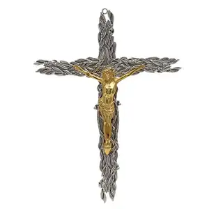 Crucifixo bronze natural com folhas de azeitona e frutas jesus cristo artesanal