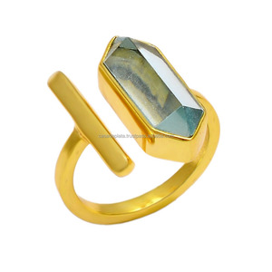 Pencil Shape <b>Blue</b> Topaz Gemstone <b>Ring</b> 925 Sterling Silver Gold Plated <b>Ring</b> Bezel Setting Fashionable <b>Ring</b> For Wedding Gift. - Product Image 1