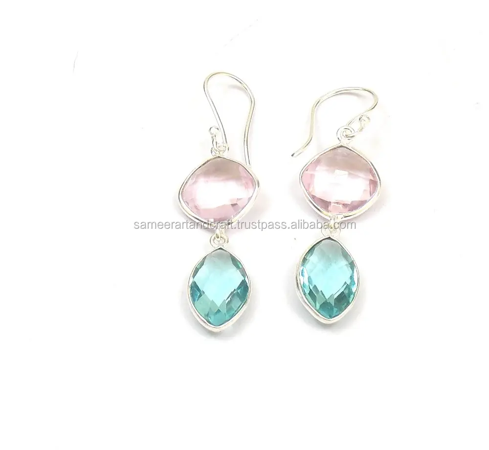 Rose Quartz and Blue Topaz Quartz Handmade Earring With Silver Plated Gift for her