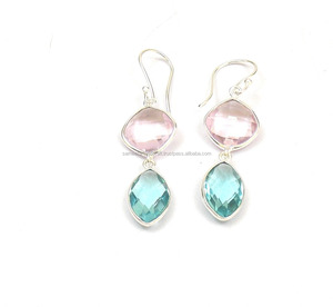 Cuarzo rosa y Topacio Azul Cuarzo Plateado Piedra preciosa natural Joyería hecha a mano Piedra natal Boho Pendiente - Product Image 1