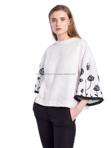 Linen Blouse Summer Season Embroidered Vintage Style Frill Hem Straight Cut Wide Back Button Sleeve Top For Beautiful Boho Girls - Product Image 2