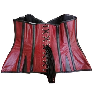 Overbust Steelboned Burgundy Corset Black Boning Waist Trainer Corset Leggings Lace Rhinestone Hole Burgundy Leather Black - Product Image 2