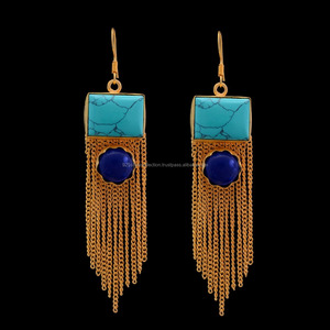 Boucles d'oreilles pendantes en forme de pierres précieuses, turquoises et Lapis Lazuli, Design en or, nouvelle collection - Product Image 2