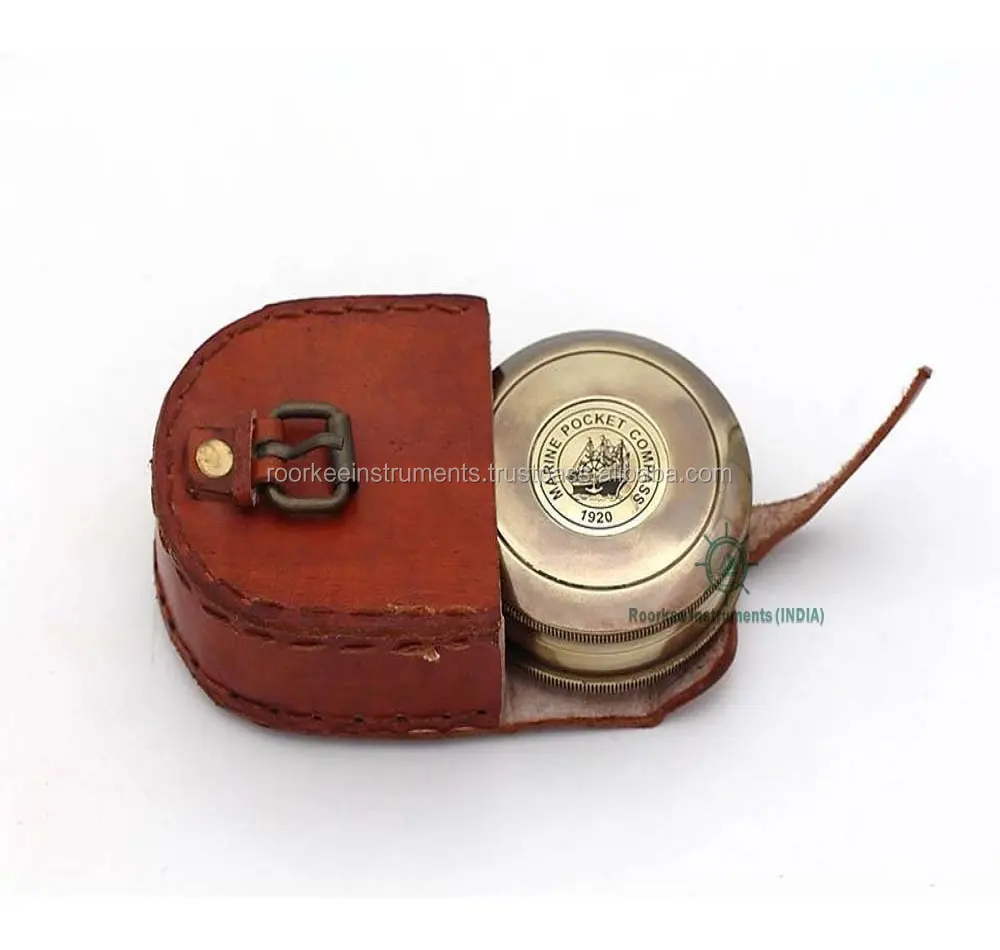 Handmade Handheld Brass Pocket Compass Robert Frost Poem Antiqued Brass Marine Pocket Compass W/Leather Case