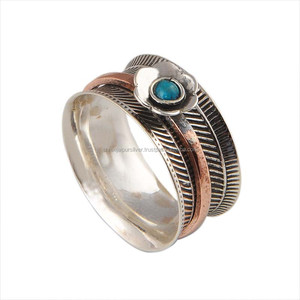 Anillo Giratorio de Plata de Ley 925 con Flor de Turquesa, Hecho a Mano, con Banda de Cobre Texturizada de Pluma, para Boda, Antiestrés, Meditación, Anillo Fidget - Product Image 2