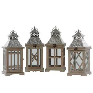 Meilleure vente lanterne rectangulaire en bois avec dessus en métal argenté percé et anneau de suspension ensemble de deux bois naturel - Product Image 5