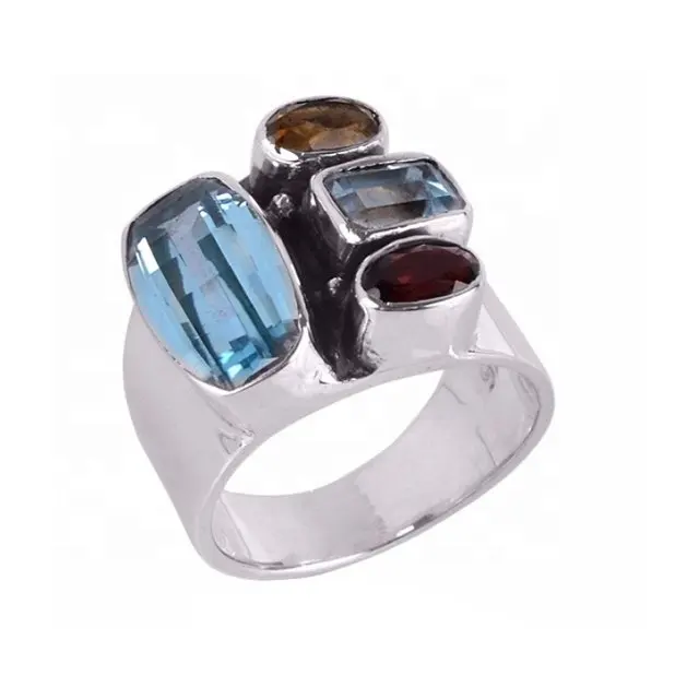 Chất lượng hàng đầu giá rẻ Nhà cung cấp 925 sterling Silver Blue Topaz đa đá quý Nhẫn 9.25 rắn handmade Nhẫn Nhà cung cấp và xuất khẩu