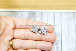 Druzy Earrings Metallic Glitter Faux Silver Glittering Square Silver Stainless Steel <b>Post</b> Studs earring - Product Image 3
