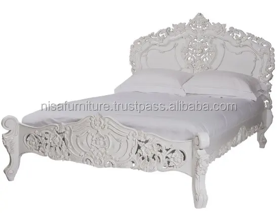 फ्रेंच रोकोको सफेद चित्रित हाथ नक्काशीदार महोगनी लकड़ी के बेड