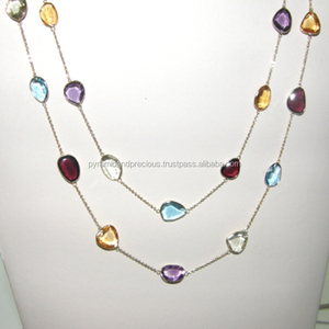 Multi Gemstone Bezel Set Connector Sterling Silver <b>Beaded</b> <b>Necklace</b> for Wedding Gift - Product Image 1
