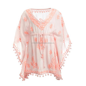 Online Summer Holidays Kids <b>Pom</b> <b>Pom</b> Lace Embroidered Kaftan Dress 100% Natural Breathable Bohemian Beach Baby Girls CoverUp - Product Image 4