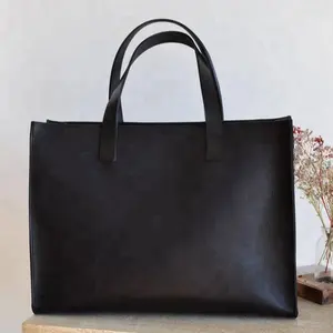 Black Natural Leather tote bag with Zipper, Black Handmade Bag, AV-0039