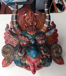 Realizzato a mano in Legno Maschera di Indù Buddha mostro Garuda rosso blu appeso a parete made in Nepal