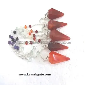 Bandul segi kristal Carnelian merah alami dengan 7 rantai Chakra dowsing chakra carnelian Pendulum