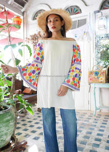 Nueva llegada Vintage Floral bordado de Boho Mujer parte superior del hombro de la venta caliente mexicano estilo de moda de verano Blusa de manga corta las mujeres - Product Image 3