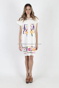 Oiseaux Robe Blanche Brodée Mexicaine Boho Coton Robe Vintage 70s Caftan Floral Vif Festival Femmes Couvrir Mini Robe - Product Image 4