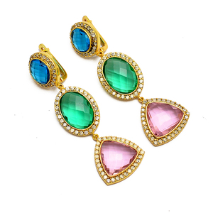 Pave CZ สีฟ้ากุหลาบควอตซ์สีเขียวนิลคลิปบนต่างหู925เครื่องประดับเงินสเตอร์ลิง - Product Image 2