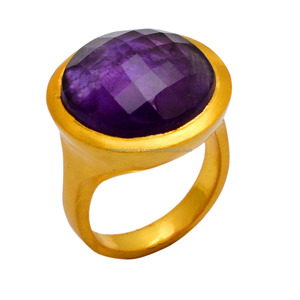 Bague Sier 925 Sterling faite à la main Style classique avec améthyste naturelle plaqué or mariage fiançailles fête cadeau bijoux de mode - Product Image 1