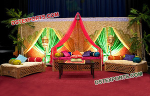 Mehndi Stage Decor With <b>Heavy</b> <b>Curtains</b> Indian Sangeet Wedding Stage Decoration Heena night mehndi stage Australia Event Decor - Product Image 5
