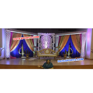 Último conjunto de escenario moderno con pilares de trabajo de corte de diamante tema Punjabi decoraciones de boda corte trabajo Palazzo para escenario de boda - Product Image 1