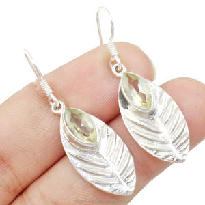 Nouvelle tendance classique 925 boucles d'oreilles en argent Sterling faites à la main avec forme de marquise vert améthyste pierre précieuse motif feuille ODM OEM - Product Image 1
