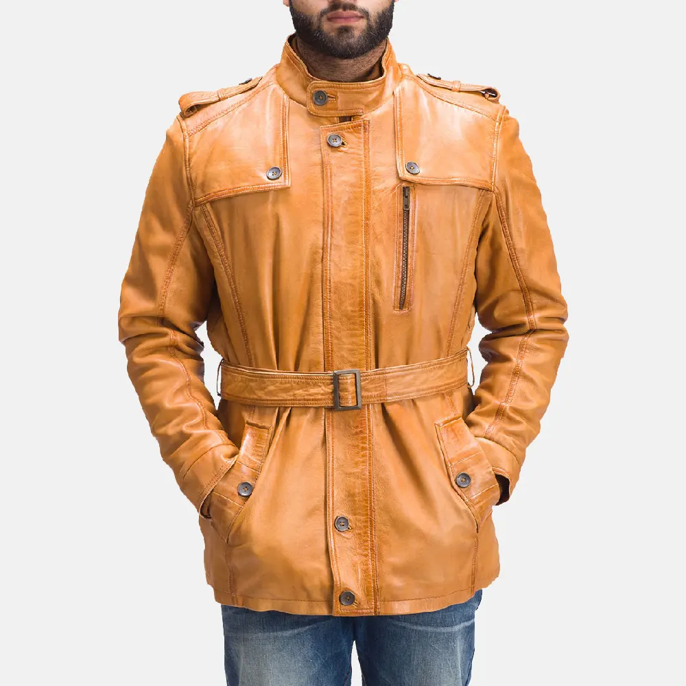 Men's Fashion Hunter Tan Brown Fur Real Sheepskin Leather Jacket Closure style Zipper with Button Flap