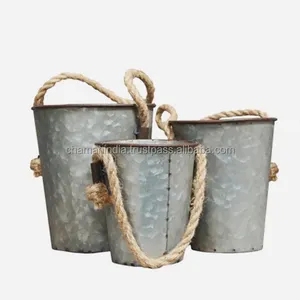 Galvanized <b>Tin</b> Metal Hanging <b>Bucket</b> Planters with Jute Handles - Product Image 1