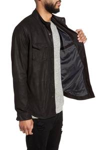 Nouvelle arrivée, veste en cuir suédé noir pour homme avec poches à rabat sur le devant, boutons pression, doublure en soie - Product Image 3