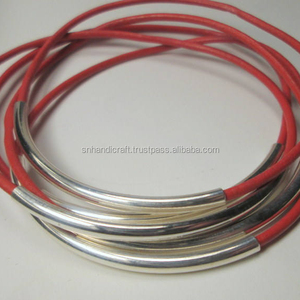 Coral Red <b>Bangles</b>, <b>Silver</b> and Coral Red Leather Thin <b>Bracelets</b>, Dark Salmon Red Leather <b>Bangles</b> - Product Image 1