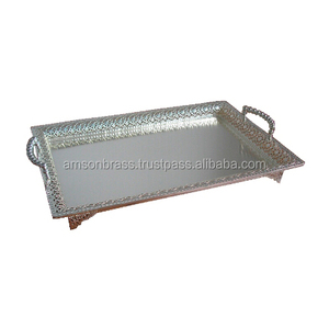 Metal Serving Silver Tray for Home Latest Designer Stackable Round Metal Tray Anti <b>Slip</b> Bar Serving Tin Trays - Product Image 3