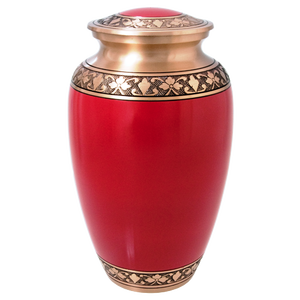 โกศเผาศพสำหรับผู้ใหญ่สีแดงสลักลายยอดนิยมพร้อมแถบสีทองสำหรับขี้เถ้าของมนุษย์ทำจากอลูมิเนียม - Product Image 1
