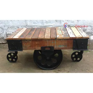 Hot Selling Industrial Vintage Wood Metal Cart Coffee Table with Wheels