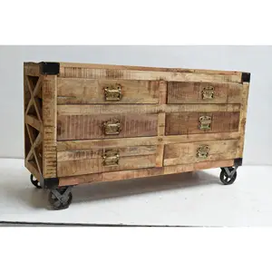 移動可能なホイール付き引き出しリビングルームキャビネット2024固体木製チェスト家庭用卸売価格インド