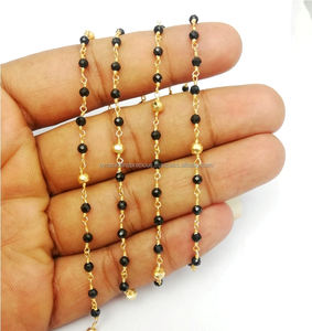 Onyx noir et or pyrite pierres précieuses perlées Chain-3-4mm à facettes ronde chapelet chaîne fabriquée en Inde unisexe - Product Image 2