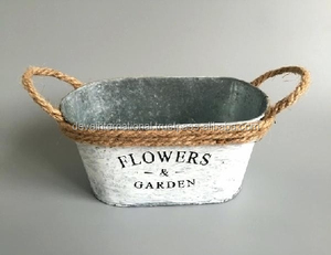 Macetero de jardín con diseño sencillo, bañera ovalada, VINTAGE, con asas de cuerda, decoración para el hogar, maceta de jardín galvanizada - Product Image 3