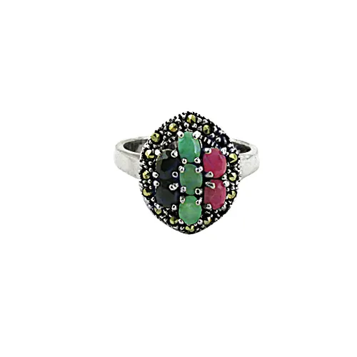 Latest Luxury Emerald & Ruby & Sapphire & Gun Metal Silver Ring 925 Sterling Silver Jewelry Best Selling Product