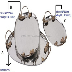 Bandeja de acero inoxidable elegante con mango de hoja chapado en oro, venta al por mayor - Product Image 1