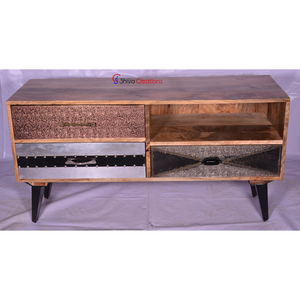 Meuble TV moderne en bois massif et métal indien, 4 portes, 3 tiroirs, design miroir, écologique, fait à la main, solution de rangement, école, sous-sol - Product Image 2