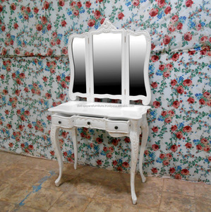 Coiffeuse Antique en bois avec miroir, meuble peint en blanc d'incrusi - Product Image 2